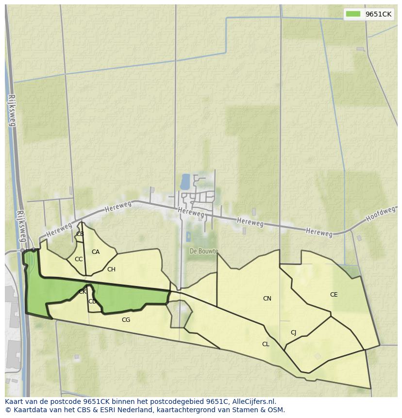 Afbeelding van het postcodegebied 9651 CK op de kaart.
