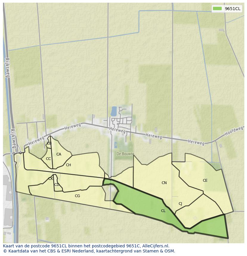 Afbeelding van het postcodegebied 9651 CL op de kaart.