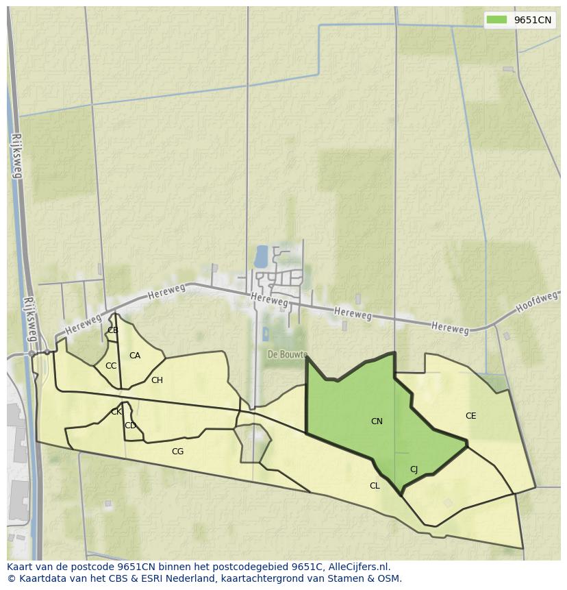 Afbeelding van het postcodegebied 9651 CN op de kaart.