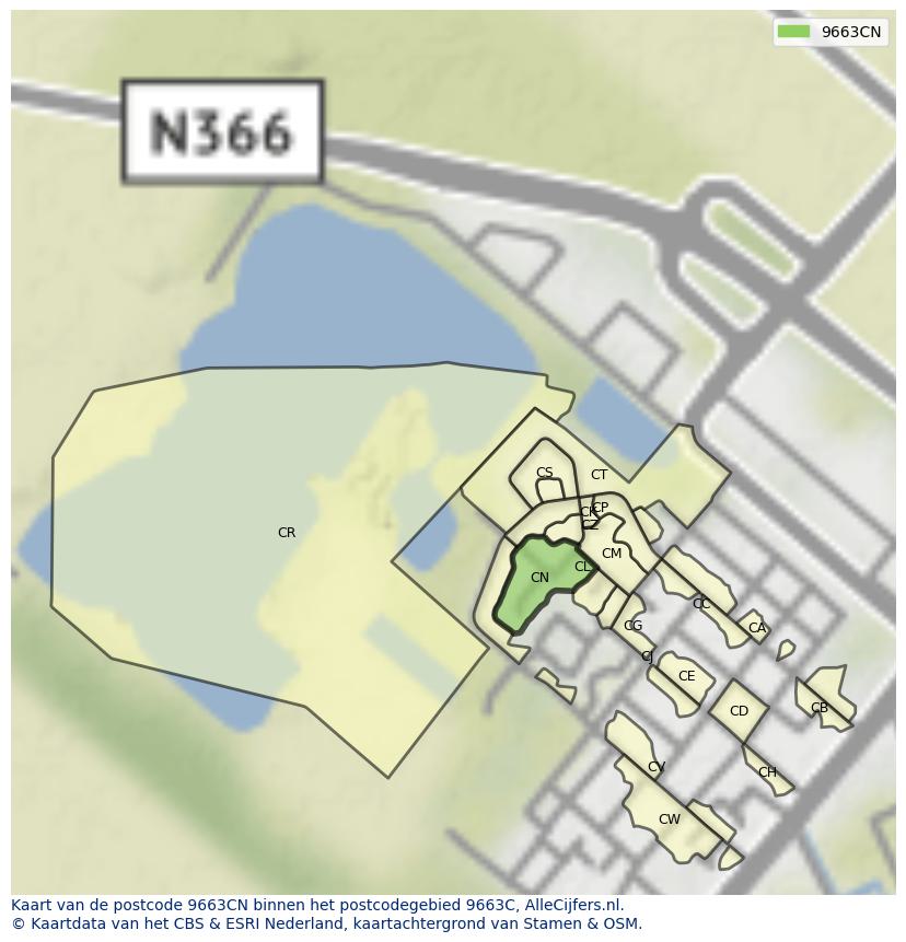 Afbeelding van het postcodegebied 9663 CN op de kaart.