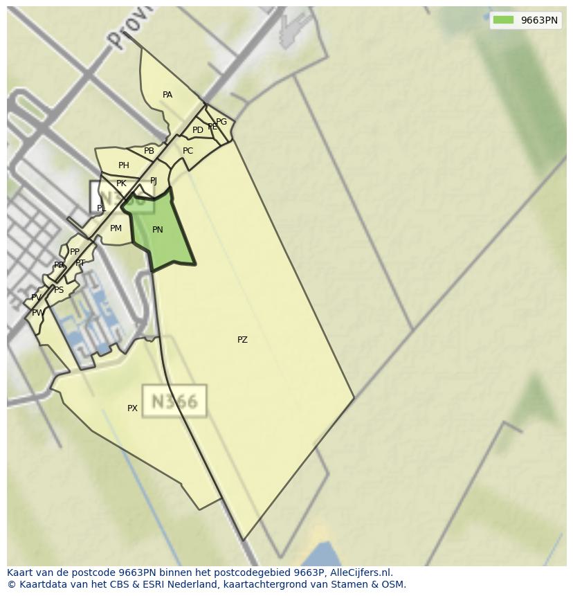 Afbeelding van het postcodegebied 9663 PN op de kaart.