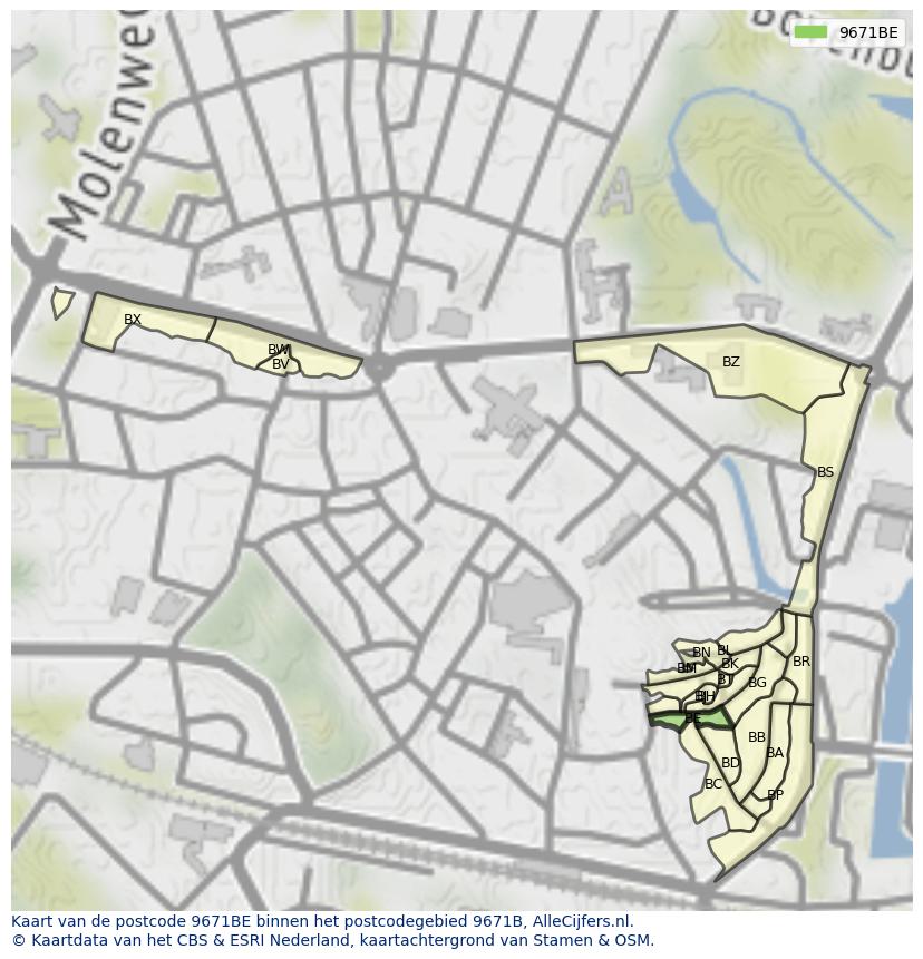 Afbeelding van het postcodegebied 9671 BE op de kaart.
