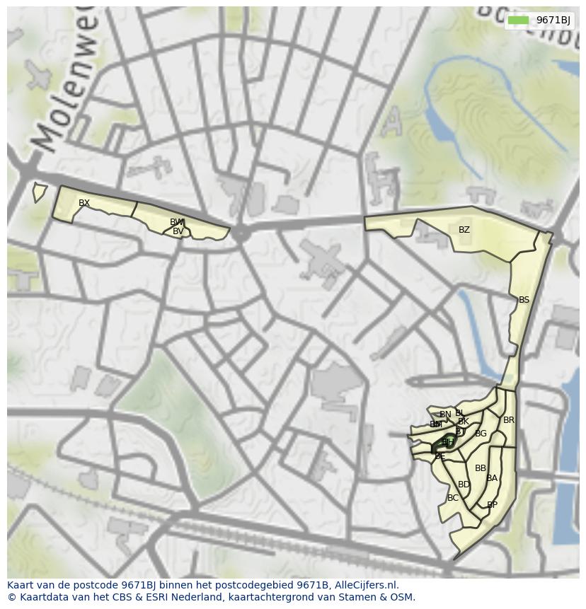 Afbeelding van het postcodegebied 9671 BJ op de kaart.