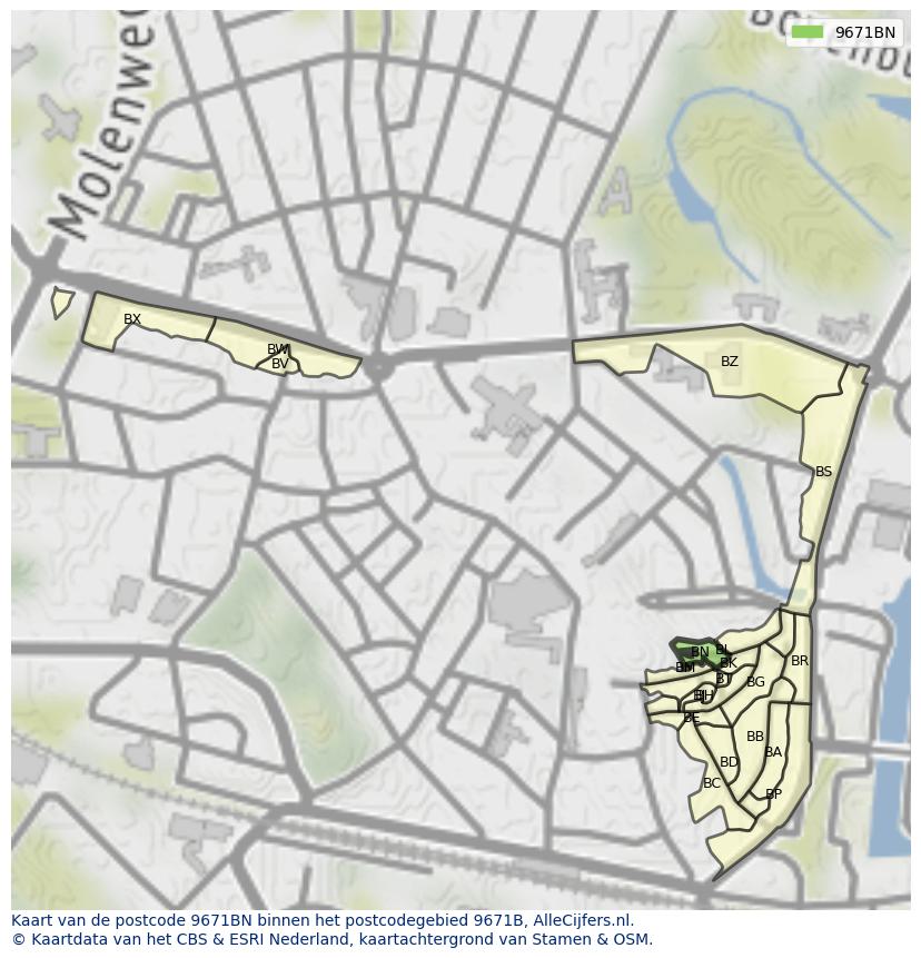 Afbeelding van het postcodegebied 9671 BN op de kaart.