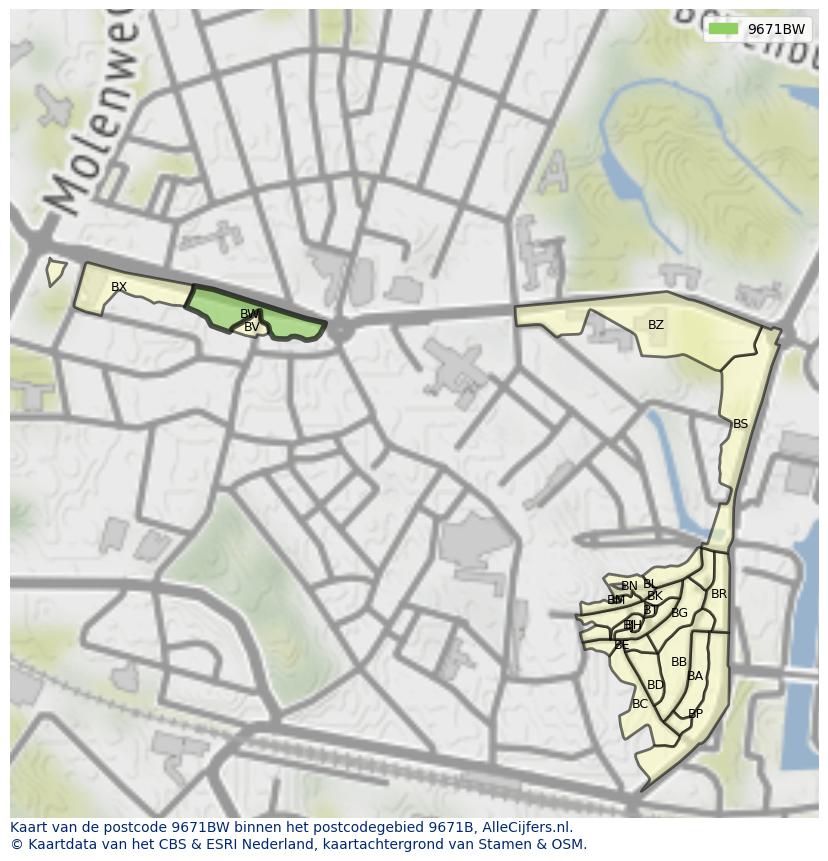 Afbeelding van het postcodegebied 9671 BW op de kaart.