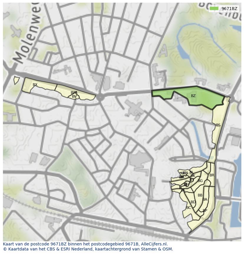 Afbeelding van het postcodegebied 9671 BZ op de kaart.