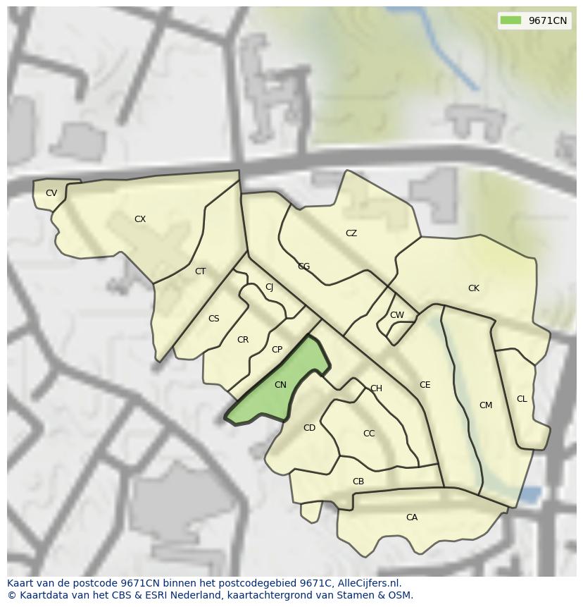 Afbeelding van het postcodegebied 9671 CN op de kaart.