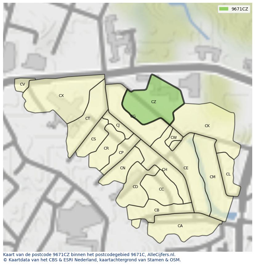 Afbeelding van het postcodegebied 9671 CZ op de kaart.