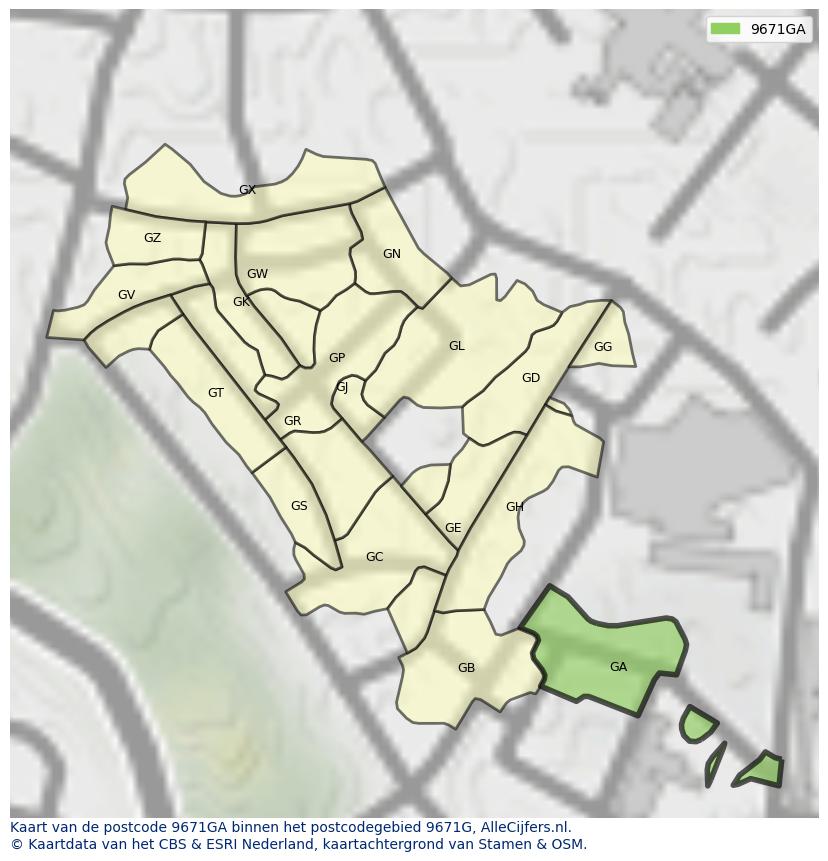 Afbeelding van het postcodegebied 9671 GA op de kaart.