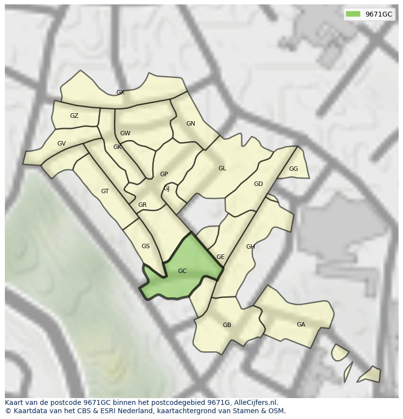 Afbeelding van het postcodegebied 9671 GC op de kaart.