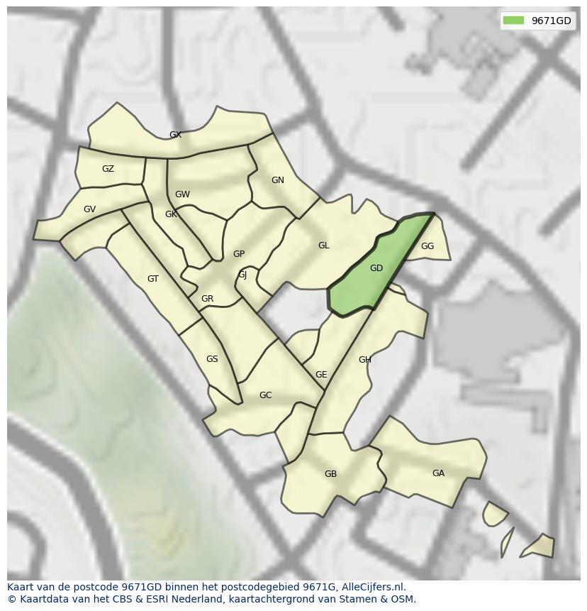 Afbeelding van het postcodegebied 9671 GD op de kaart.