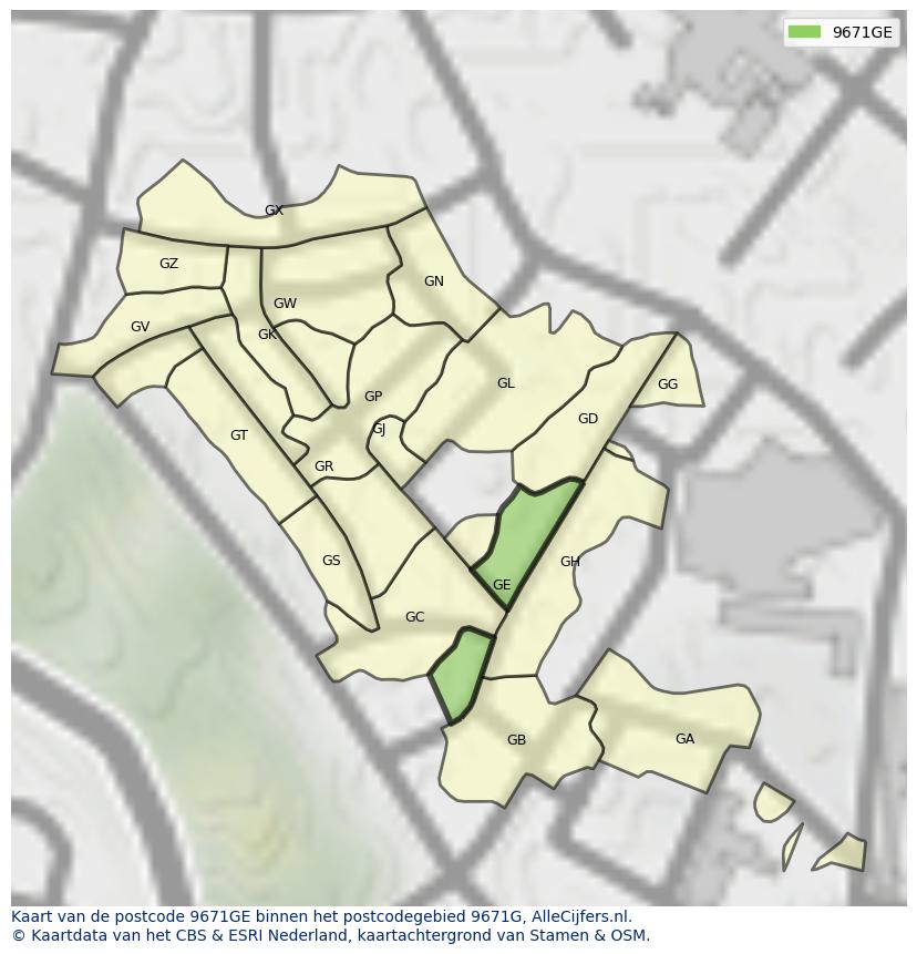 Afbeelding van het postcodegebied 9671 GE op de kaart.