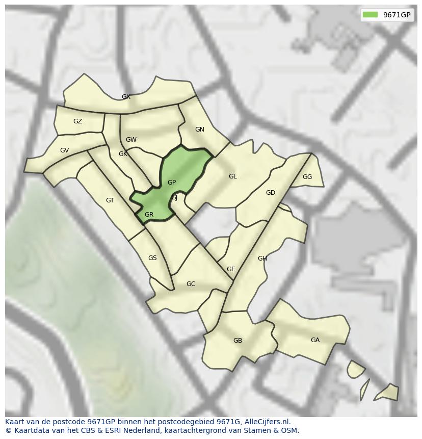 Afbeelding van het postcodegebied 9671 GP op de kaart.
