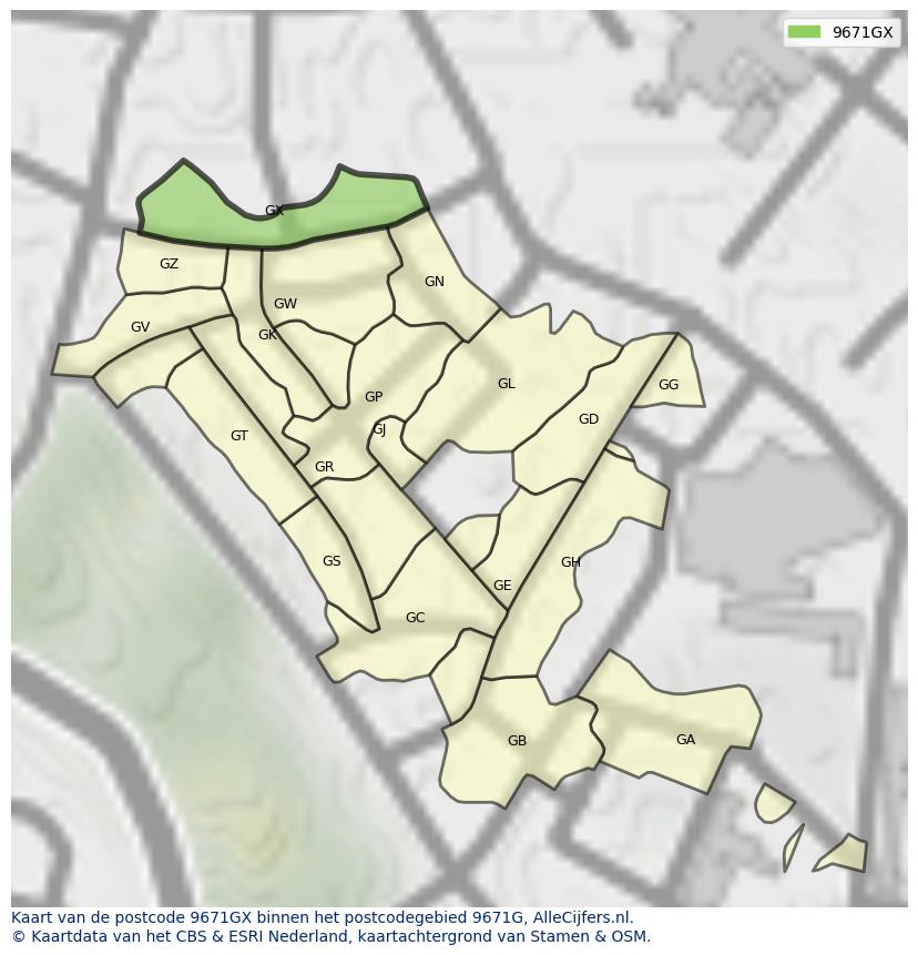 Afbeelding van het postcodegebied 9671 GX op de kaart.
