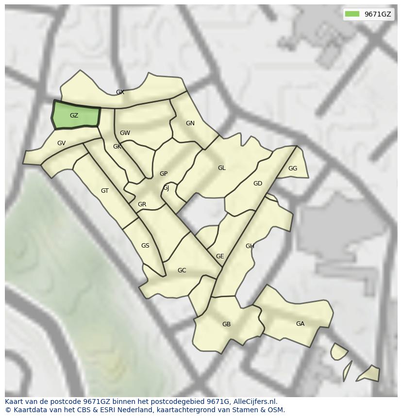 Afbeelding van het postcodegebied 9671 GZ op de kaart.