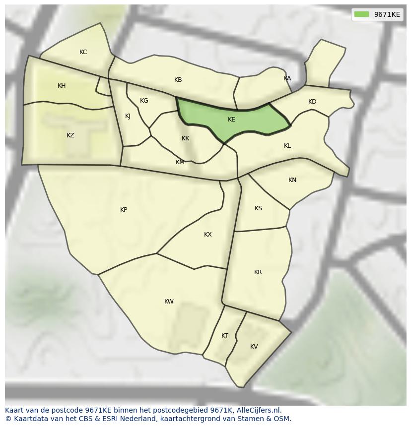 Afbeelding van het postcodegebied 9671 KE op de kaart.