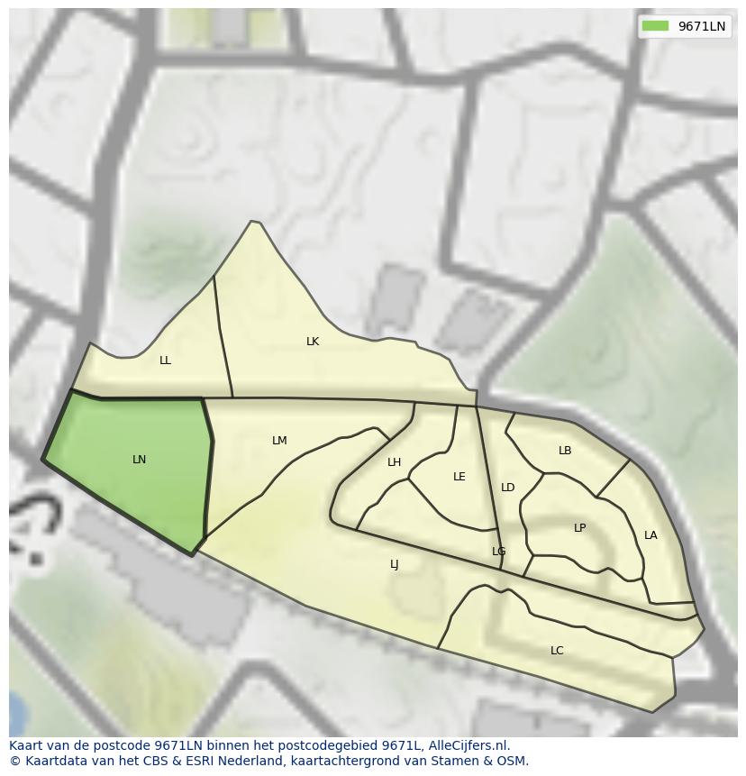 Afbeelding van het postcodegebied 9671 LN op de kaart.