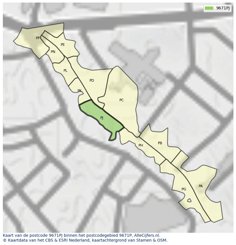 Afbeelding van het postcodegebied 9671 PJ op de kaart.
