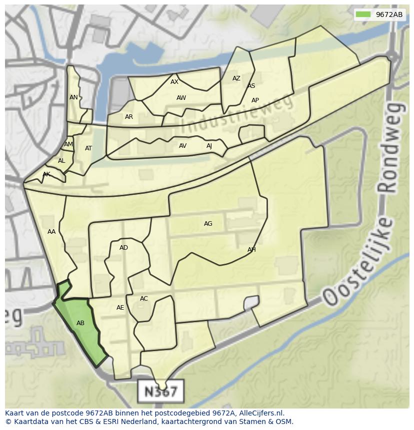 Afbeelding van het postcodegebied 9672 AB op de kaart.