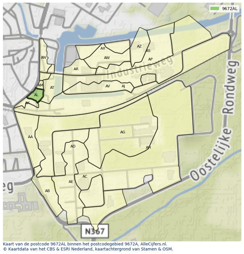 Afbeelding van het postcodegebied 9672 AL op de kaart.