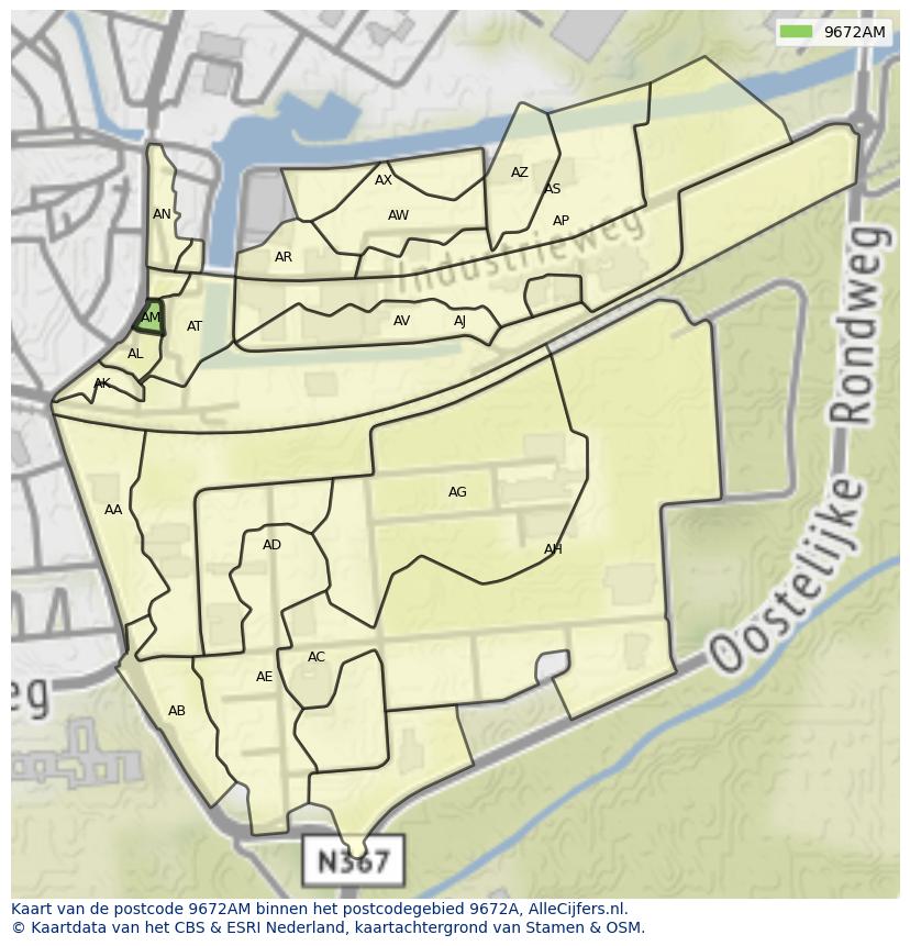 Afbeelding van het postcodegebied 9672 AM op de kaart.