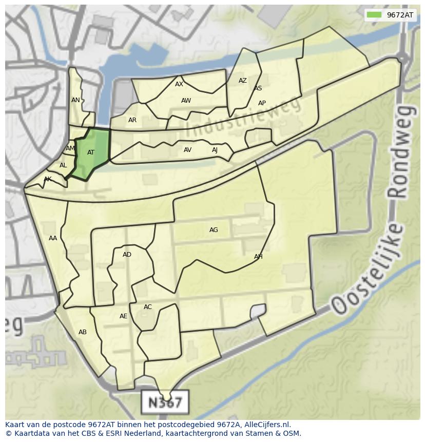 Afbeelding van het postcodegebied 9672 AT op de kaart.