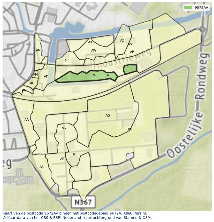Afbeelding van het postcodegebied 9672 AV op de kaart.