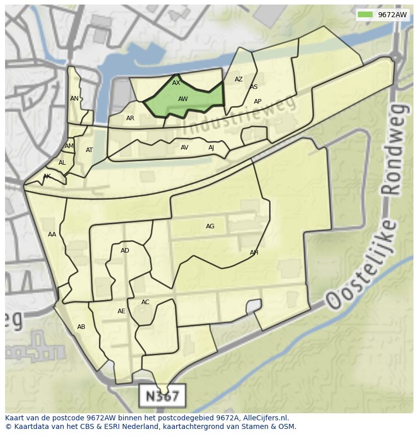 Afbeelding van het postcodegebied 9672 AW op de kaart.