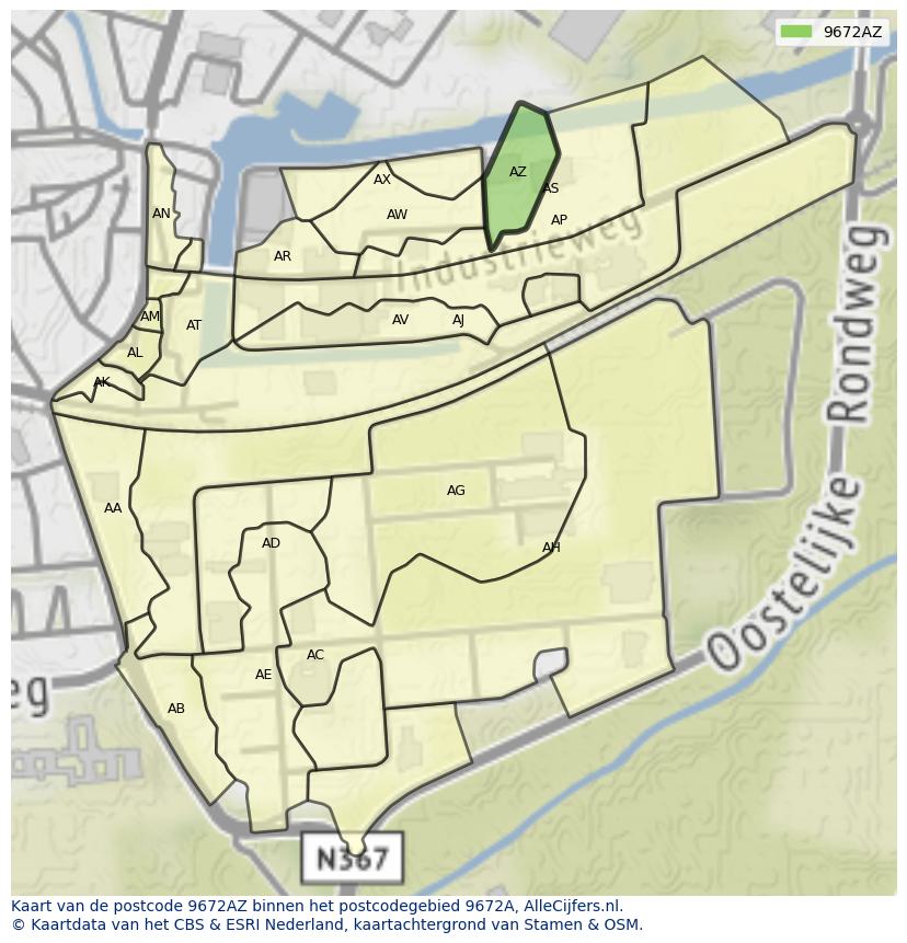 Afbeelding van het postcodegebied 9672 AZ op de kaart.