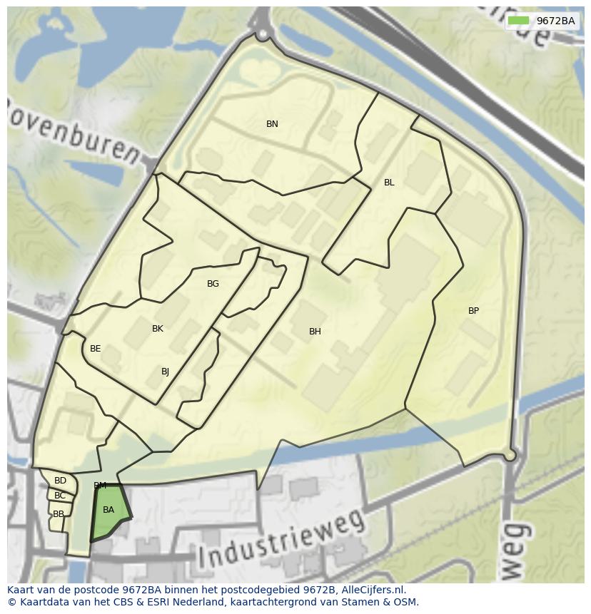 Afbeelding van het postcodegebied 9672 BA op de kaart.