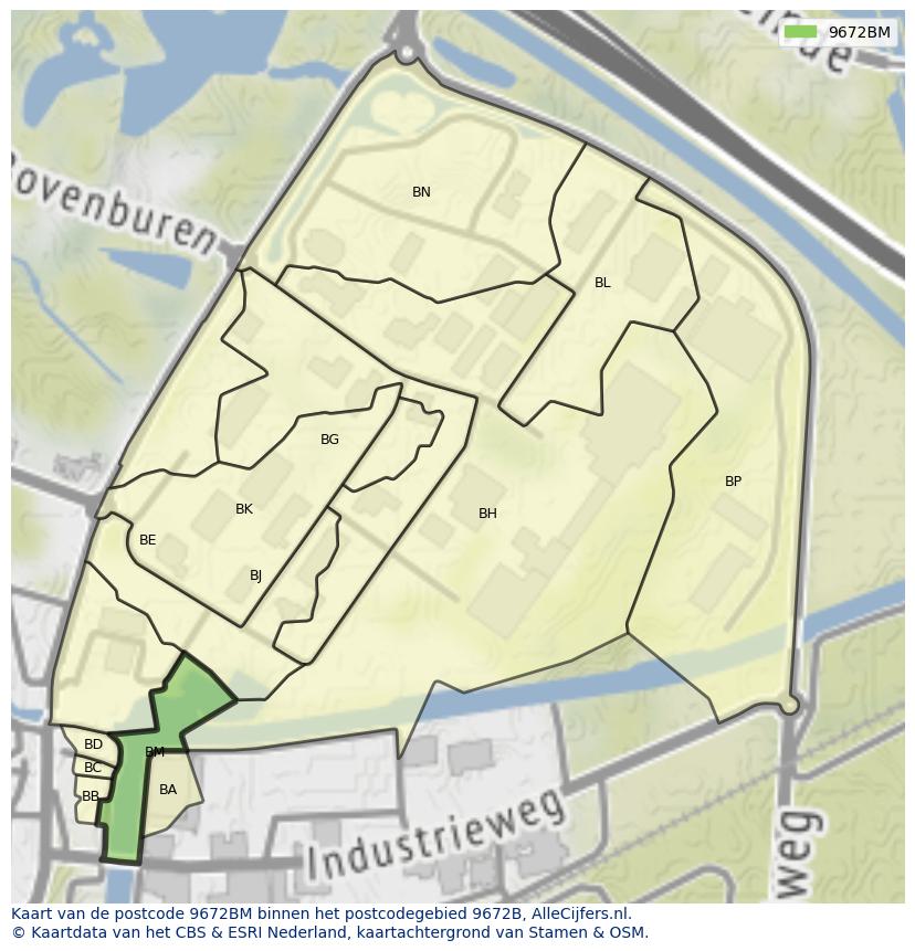 Afbeelding van het postcodegebied 9672 BM op de kaart.