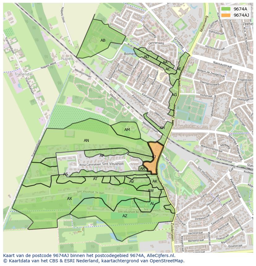 Afbeelding van het postcodegebied 9674 AJ op de kaart.