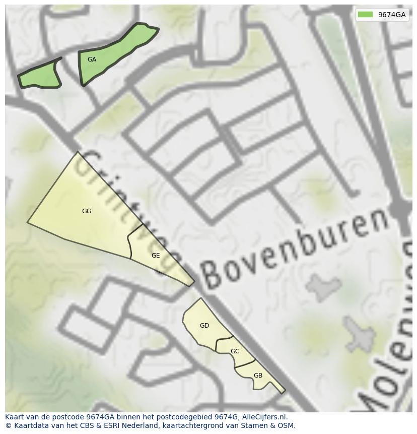 Afbeelding van het postcodegebied 9674 GA op de kaart.