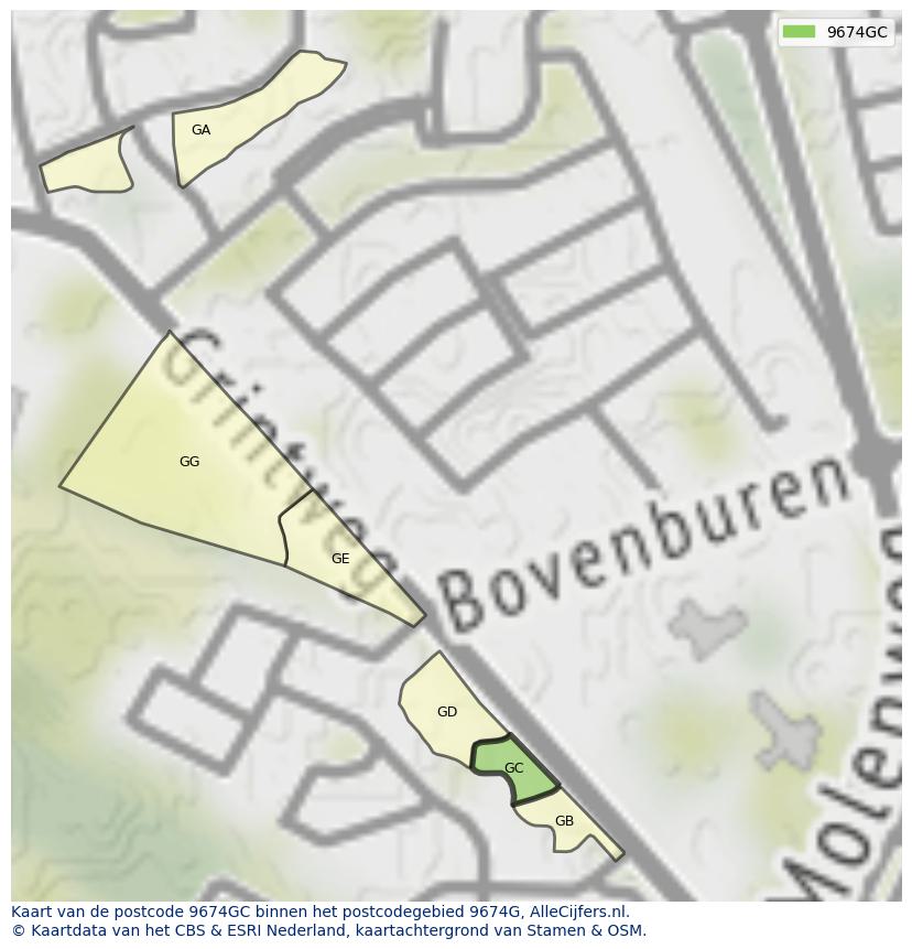 Afbeelding van het postcodegebied 9674 GC op de kaart.