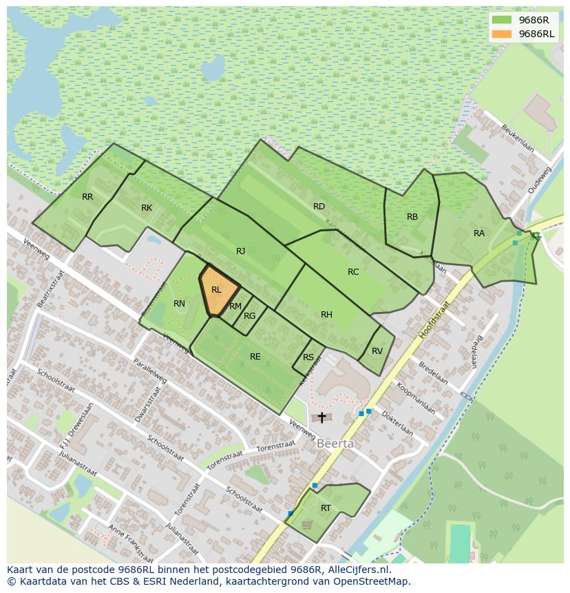 Afbeelding van het postcodegebied 9686 RL op de kaart.