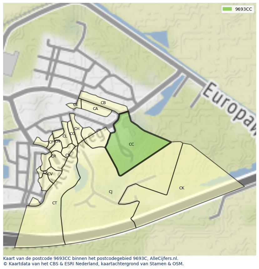 Afbeelding van het postcodegebied 9693 CC op de kaart.
