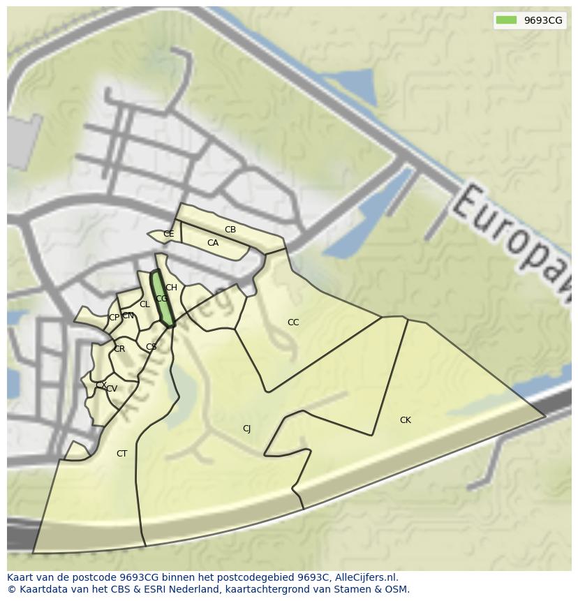 Afbeelding van het postcodegebied 9693 CG op de kaart.