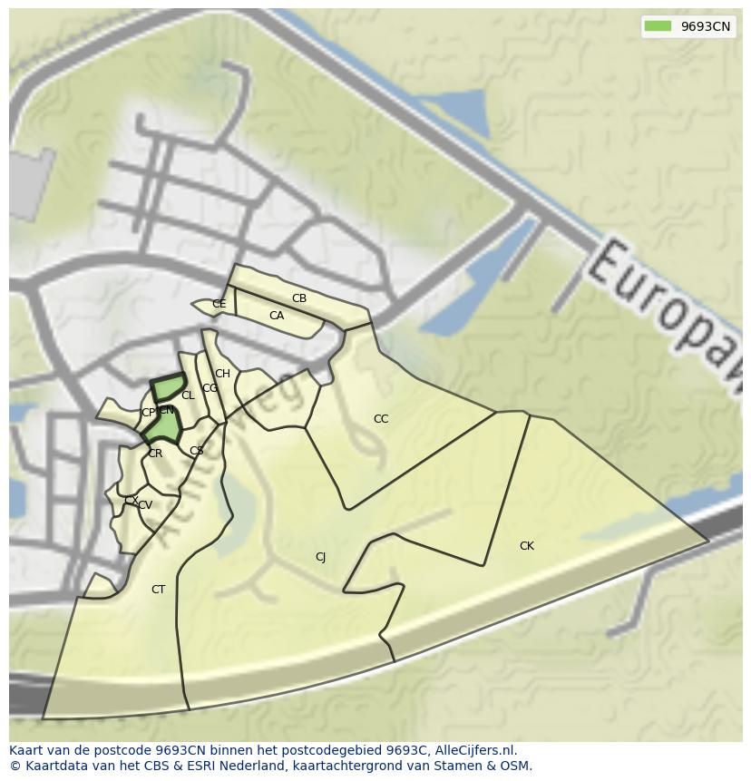 Afbeelding van het postcodegebied 9693 CN op de kaart.