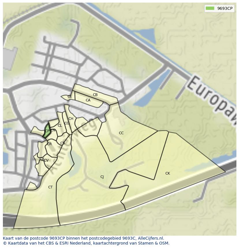 Afbeelding van het postcodegebied 9693 CP op de kaart.