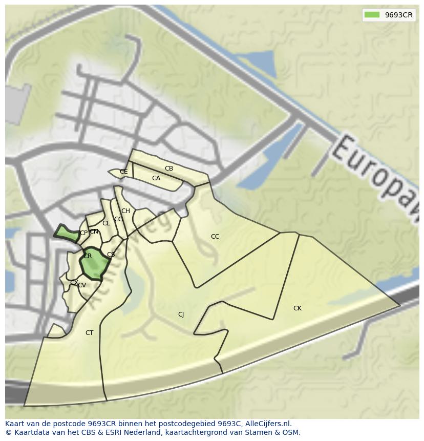 Afbeelding van het postcodegebied 9693 CR op de kaart.