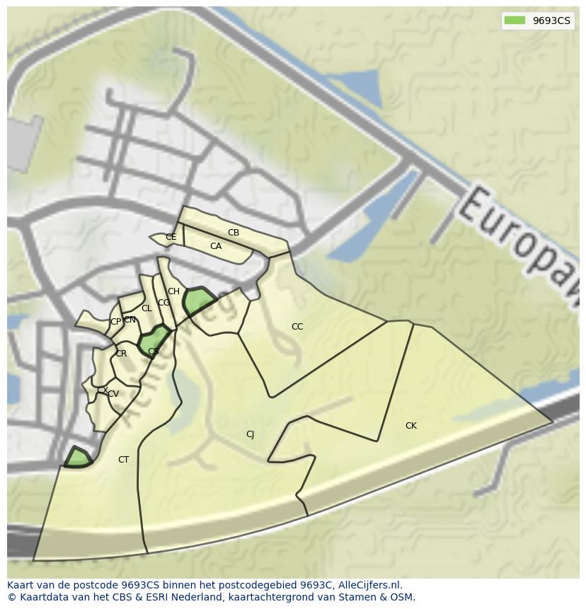Afbeelding van het postcodegebied 9693 CS op de kaart.