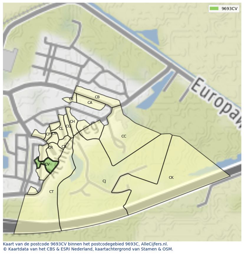 Afbeelding van het postcodegebied 9693 CV op de kaart.