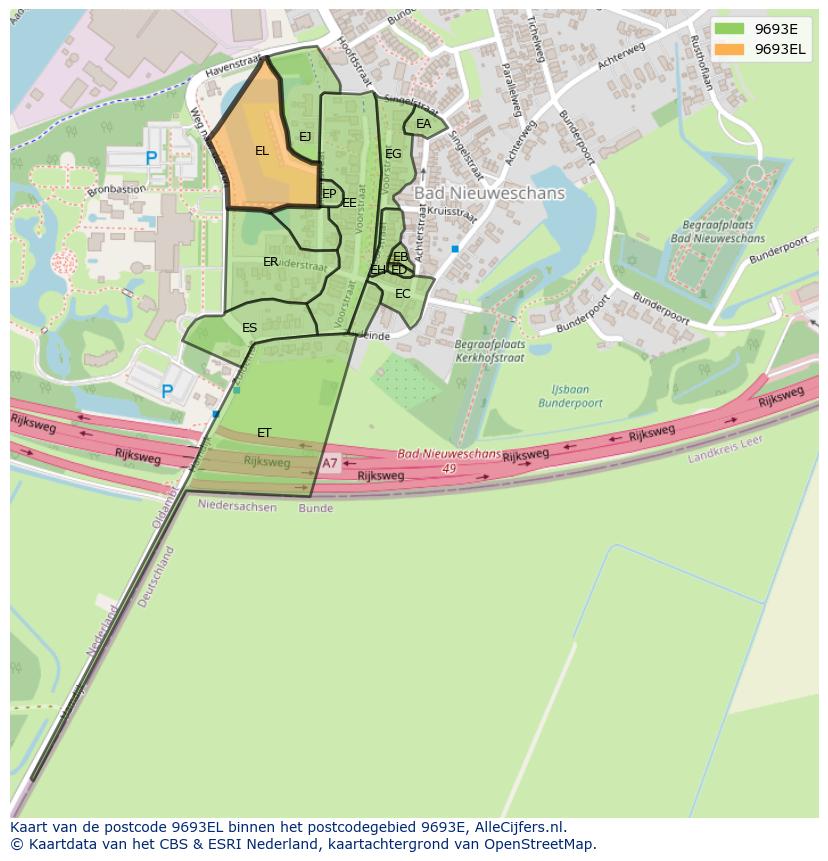 Afbeelding van het postcodegebied 9693 EL op de kaart.