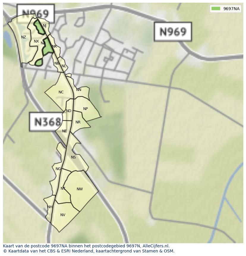 Afbeelding van het postcodegebied 9697 NA op de kaart.