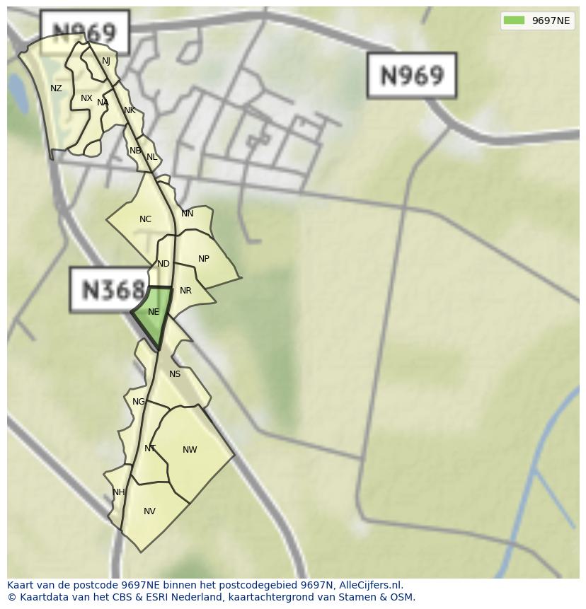 Afbeelding van het postcodegebied 9697 NE op de kaart.