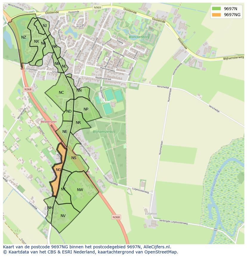 Afbeelding van het postcodegebied 9697 NG op de kaart.