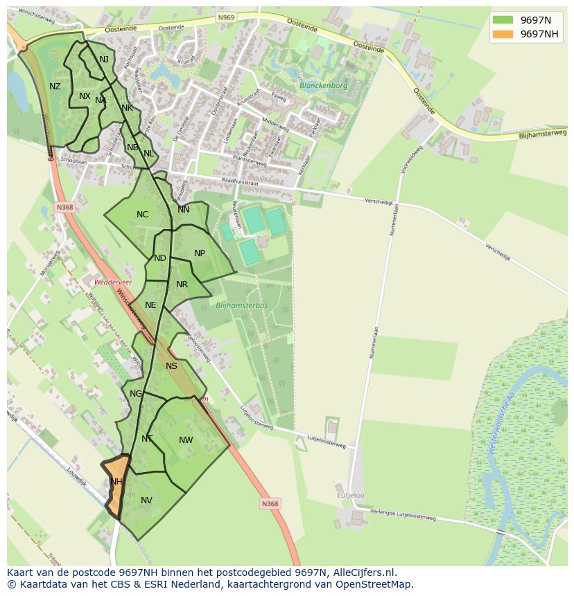 Afbeelding van het postcodegebied 9697 NH op de kaart.