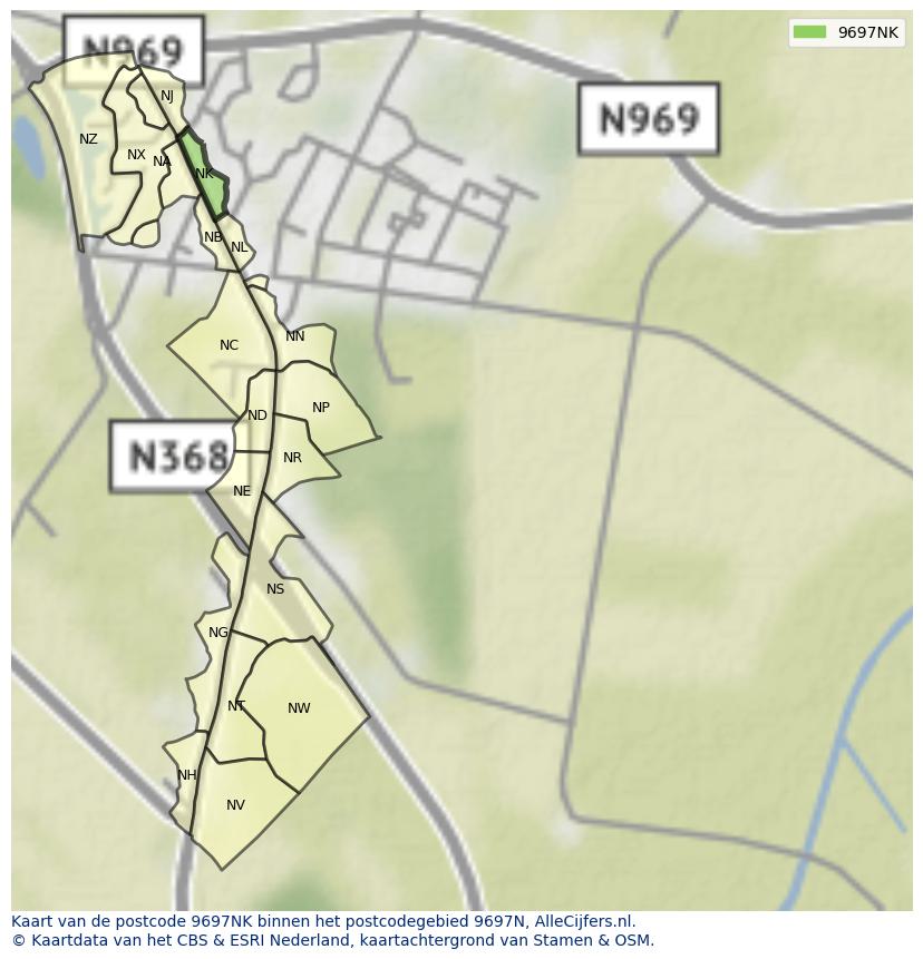 Afbeelding van het postcodegebied 9697 NK op de kaart.