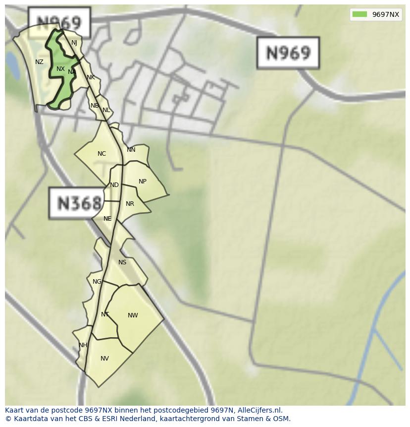 Afbeelding van het postcodegebied 9697 NX op de kaart.