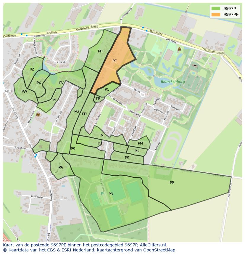 Afbeelding van het postcodegebied 9697 PE op de kaart.